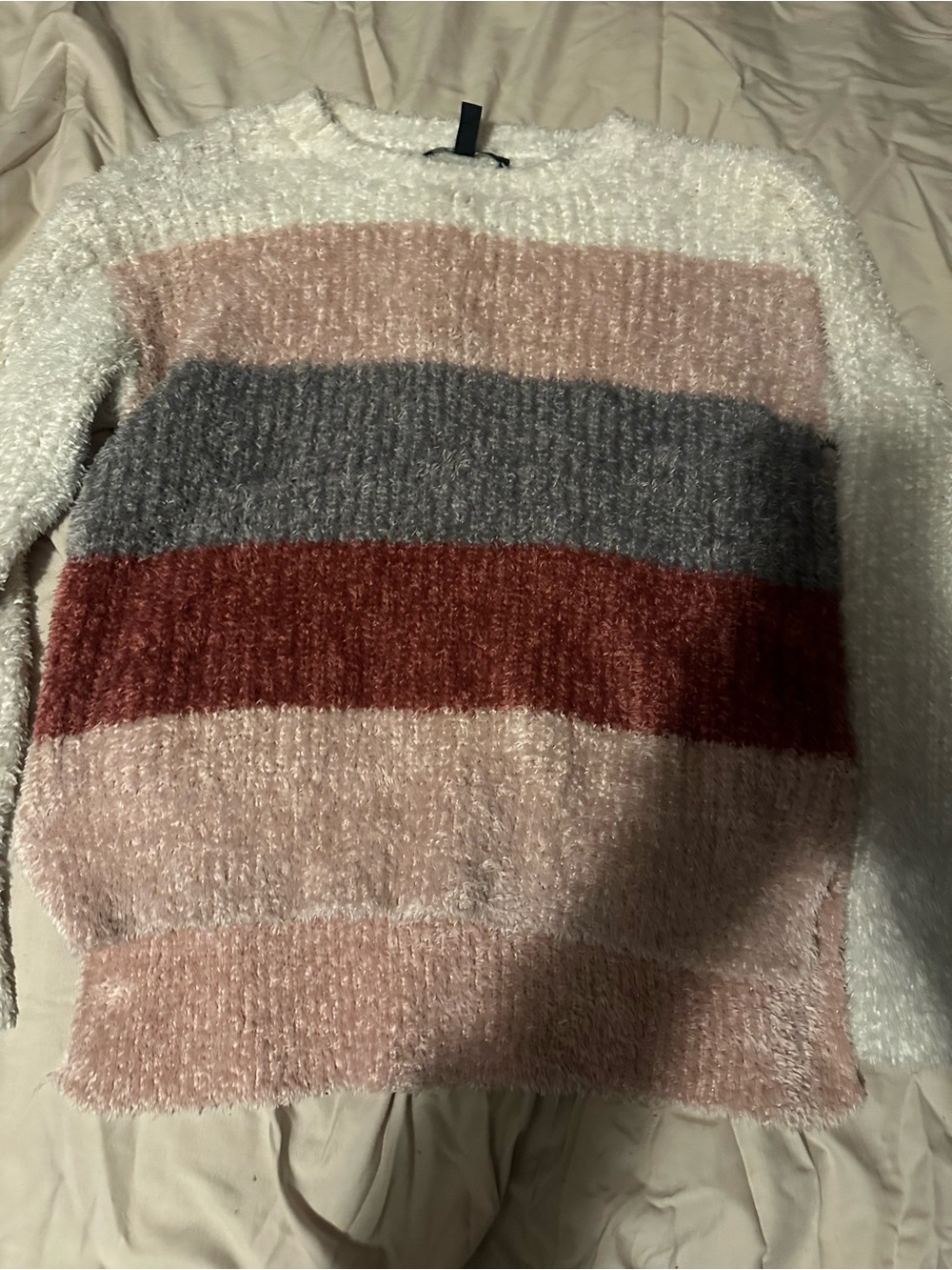 Ellen Tracy Fuzzy Crewneck Sweater in Pink, Gray & Rust
